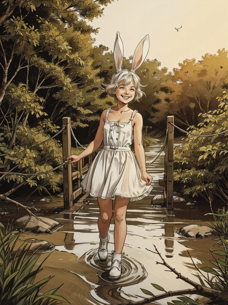 Lila is a white bunny with big ears, she is smiling as she crosses a river with an improvised bridge made of branches..