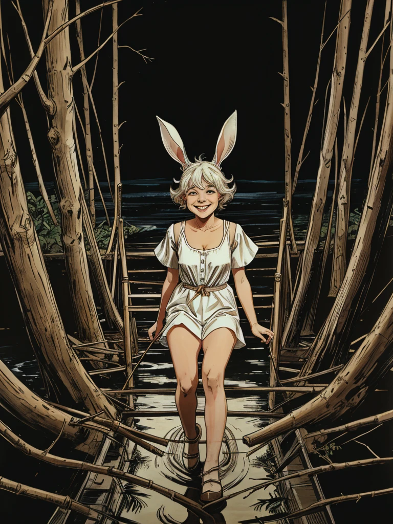 Lila is a white bunny with big ears, she is smiling as she crosses a river with an improvised bridge made of branches..