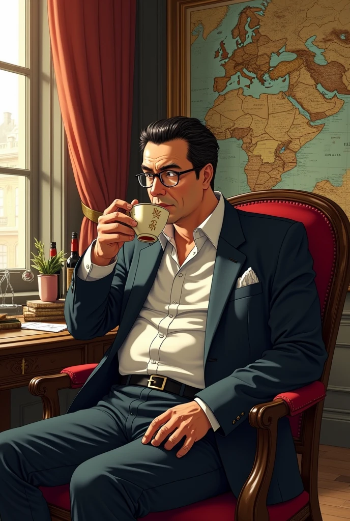 Now to restore the dignity of the British Empire, to avenge Napoleon、Instead of M of MI6, he appointed a Japanese man named L as a special advisor to promote Japanese anime and manga among young people in France.、Let me drink some sake、In the meantime, our country's Scotch whisky-A British espionage operation was launched to establish the、1 Japan、Age 40、single、Well-versed in all things otaku、He has the brains to captivate French women.、Casually dressed、A slightly overweight Japanese man、, (super detail, high details, high quality, accurate, anatomically correct, textured skin, beautiful fingers super detail, high details, high quality, best quality),