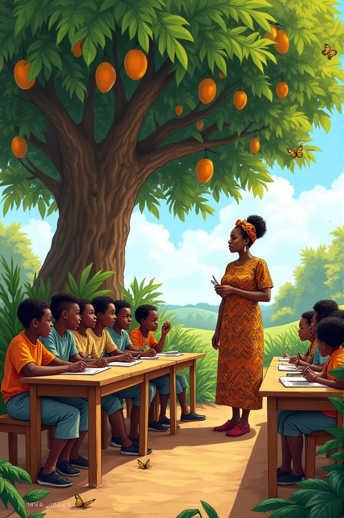 Colored drawing of a Nigerian teacher in local Nigerian attire teaching little boys and girls sitting and writing on long tables and stools under a large mango tree