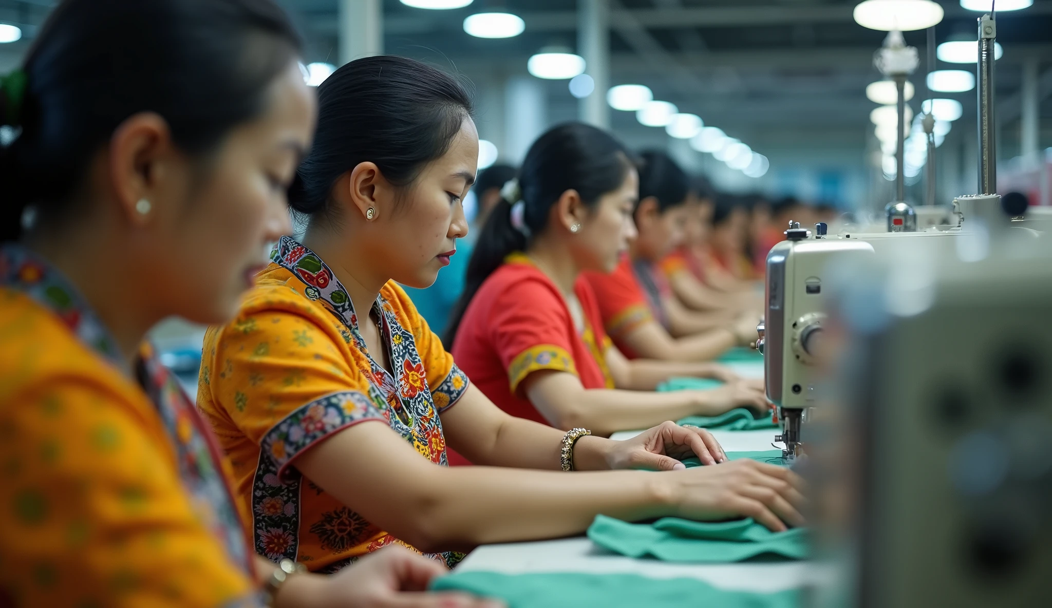 Vietnamese. Make a photo of 20 women working inside a garment factory.Employees running sewing machines. 50mm lens.