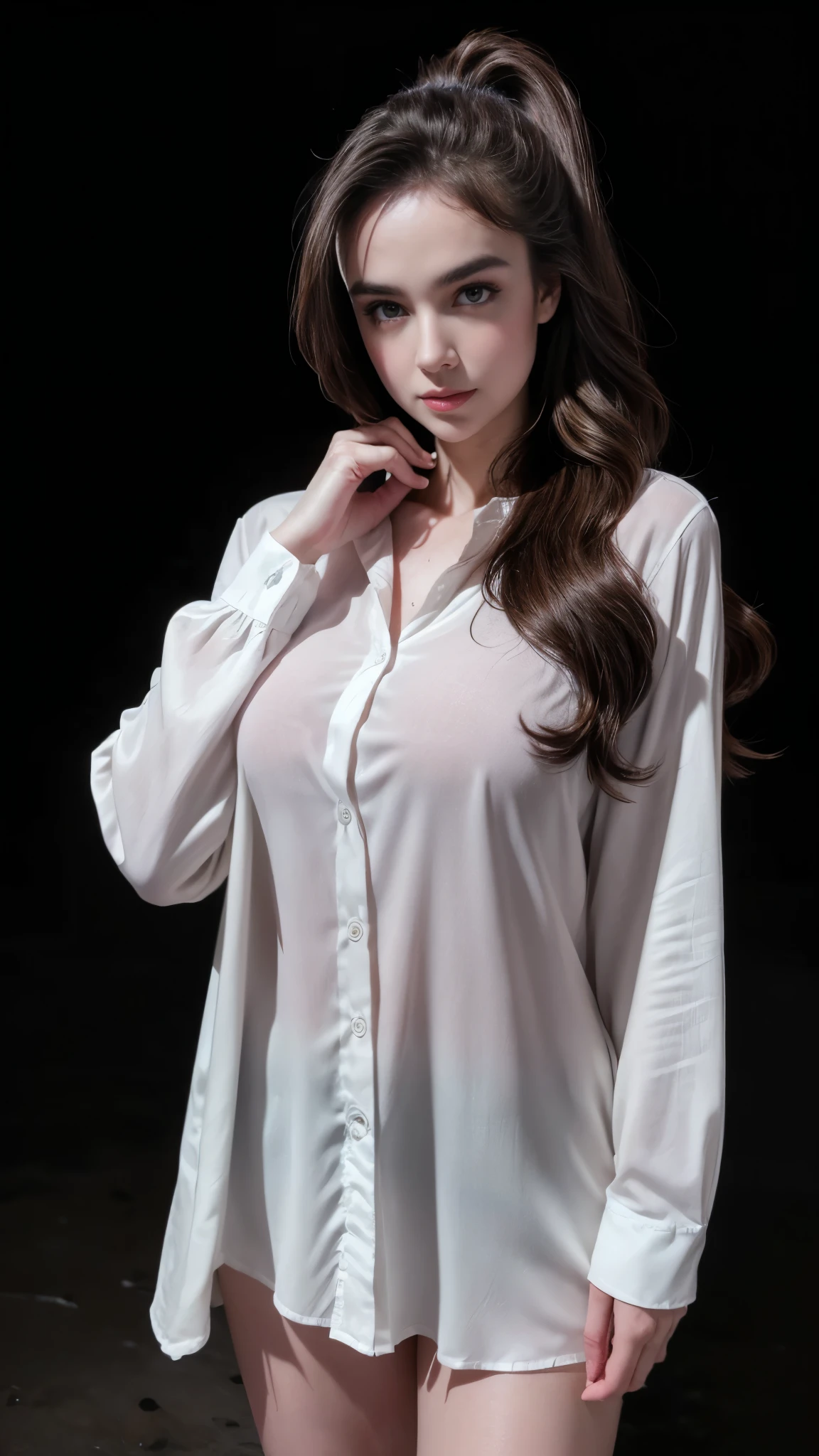 ((masterpiece, Best quality, a high resolution, ultra detailed),(beautiful and aesthetically pleasing:1.2), 1 woman, adult, perfect body, Wavy dark hair, hair pulled back into a beautiful ponytail, Detailed eyes and face, long oversized shirt, swimsuit, bikini, beach, sea, sand, Palm tree,whole body,((( beach at night))), (((dark image, dark background))), white over sized long sleeve buttoned shirt, Walking, sight seeing, ((huge rock formations))