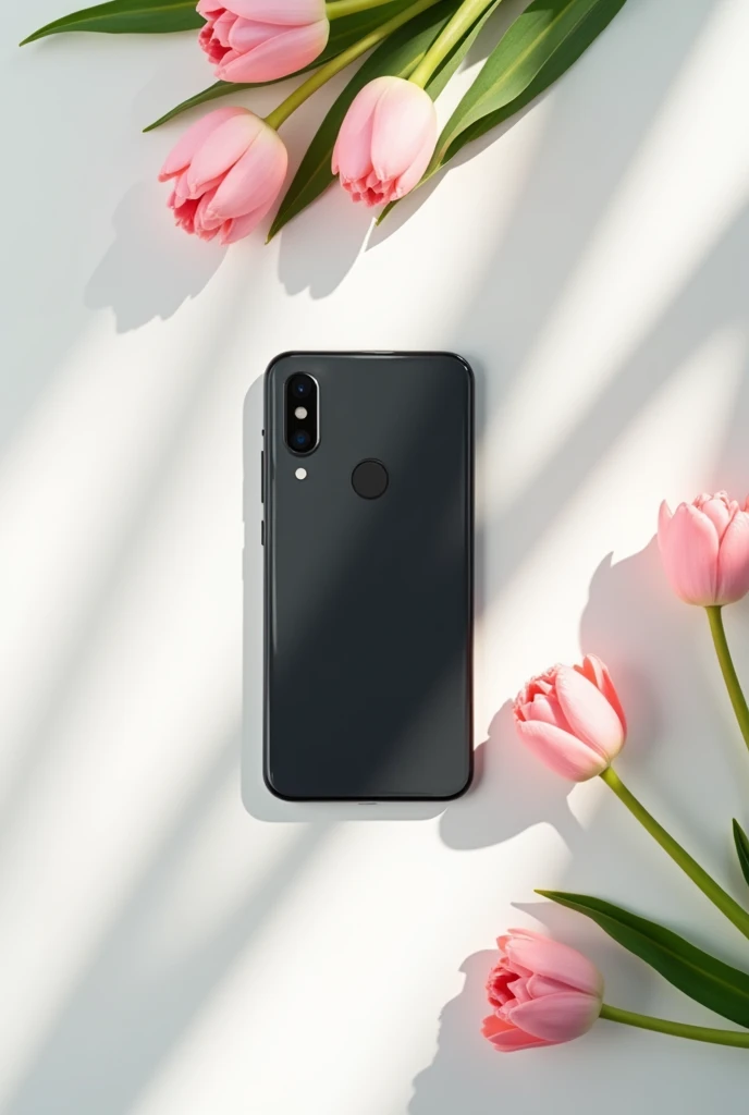 the phone lies on a white table, around it there are light pink small tulips, top view