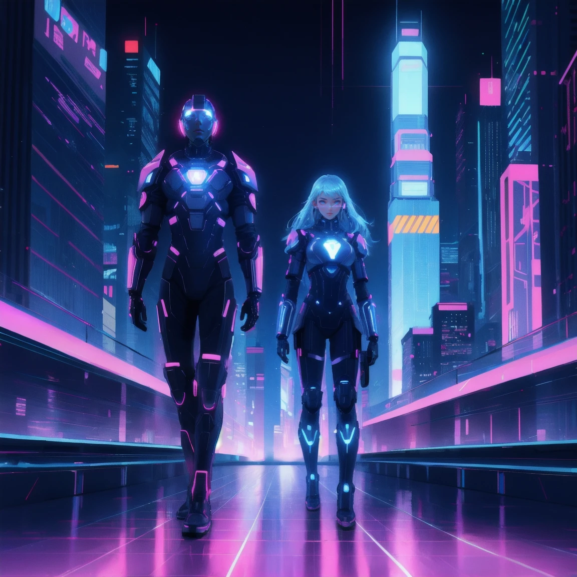 A futuristic, cyberpunk scene with a glowing grid floor, floating cryptocurrency symbols, and a digital cityscape in the background. Replace the cybernetic man with multiple beautiful, cute girls in similar red and blue cybernetic armor, keeping the background exactly the same.