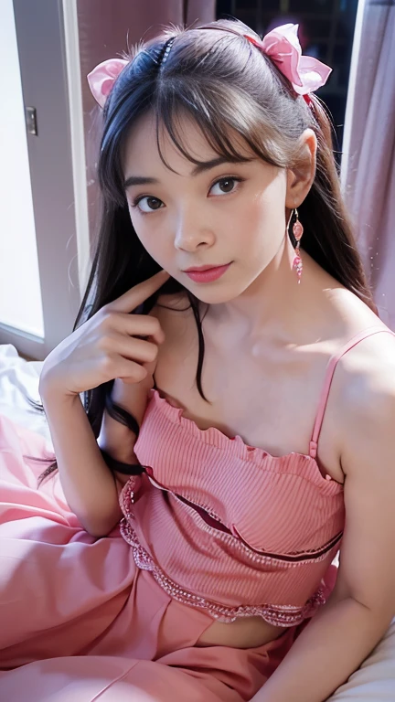 (best quality,HD highres,ultra-detailed:1.2), (short curly hair,curly dark hair),(beautiful detailed eyes,long eyelashes),(pink blush),(full lips),(stylish outfit),(confident pose),(vibrant colors),(studio lighting,soft lighting),(realistic), Asian celebrity,alpha-female,professional,close-up portrait,photorealistic:1.37,curly, 