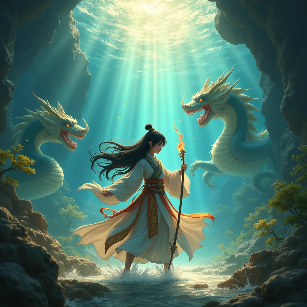 a beautiful young boy with striking features, long black hair, wearing ancient chinese style clothing, wielding the nezha's weapon chain, wind fire wheels, fire spear, and battling in the underwater palace of the dragon king, highly detailed, intricate chinese style, fantasy, digital art, cinematic lighting, epic action scene, warm color palette
