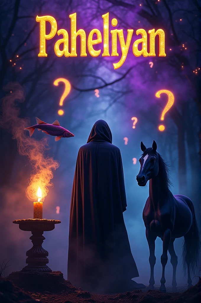 Create an eye-catching and vibrant thumbnail for a YouTube video about Urdu riddles (paheliyan). The design should incorporate bold Urdu text with a sense of mystery and challenge, using deep colors like purples, blues, and blacks. Include visual elements such as glowing question marks, a shadowy figure, and symbols related to the riddles, like a never-extinguished candle, a mysterious fish, and a black horse. The overall composition should draw viewers in with a mix of curiosity and intrigue, ensuring they’re compelled to click on the video."
