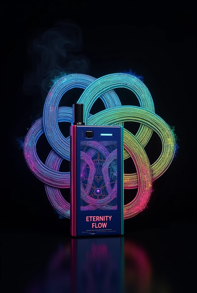 A vaporizer vape between linked to a psychedelic colored eternity knot on a black background.
The vaporizer vape must say ETERNITY FLOW engraved on it. The vaporizer must be square or rectangular and must have rounded edges..
The vape pen should be in psychedelic matte colors. The rope should have a hexagonal shape.