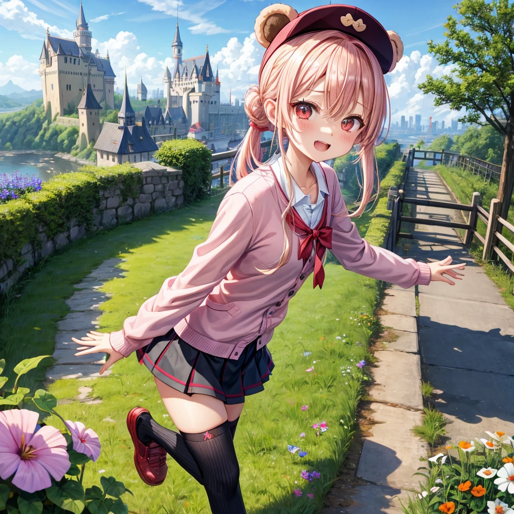 Pink Blonde、Red eyes、Hair tied up、Two cute、Checked mini skirt、black t-shirts、cardigan、Knee-high socks、bear ears baseball cap、Teeth are visible、Monster Castle、Tilting face、crossing the bridge、hazakura、windmill、grass、Stones are growing out of the ground.、impregnable、A teddy bear is walking、Morning glory is blooming.、In front of the city gates、gear