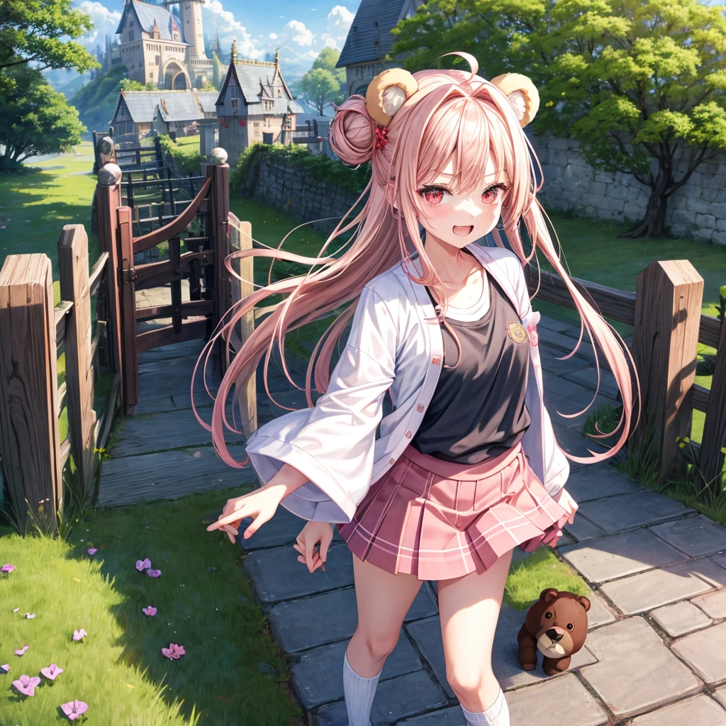 Pink Blonde、Red eyes、Hair tied up、Two cute、Checked mini skirt、black t-shirts、cardigan、Knee-high socks、bear ears baseball cap、Teeth are visible、Monster Castle、Tilting face、crossing the bridge、hazakura、windmill、grass、Stones are growing out of the ground.、impregnable、A teddy bear is walking、Morning glory is blooming.、In front of the city gates、gear