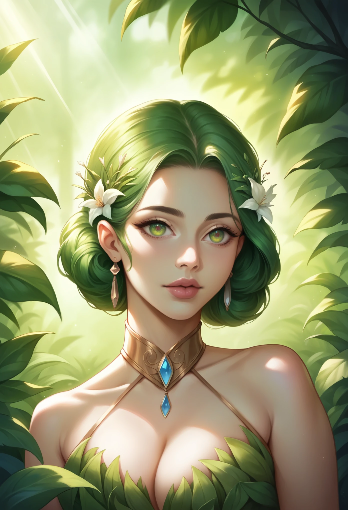 a woman in a lush garden, beautiful detailed eyes, beautiful detailed lips, extremely detailed face and hair, long eyelashes, elegant dress, sunlight streaming through the trees, vibrant colors, lush foliage, serene atmosphere, cinematic lighting, photorealistic, 8k, best quality, high resolution, intricate details, masterpiece