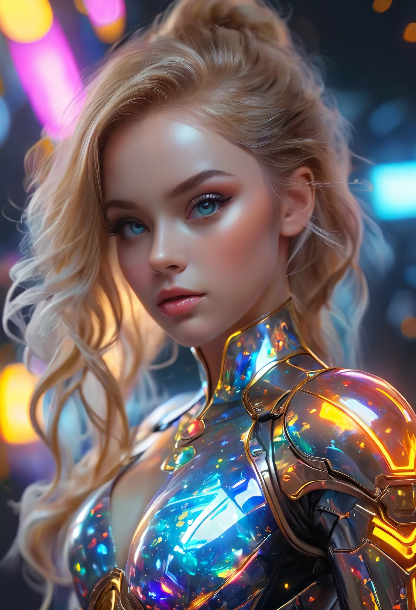 Realistic 8k.Picture only of the upper part,high resolution, Bright glare,1 woman, alone,blonde hair long hair, Mecha Musume, Orange Metallic-Titanium Machinery robot joint, single mechanical arm, Mechanical radius, Bikini body suit with many neon lights,A white bodysuit has several neon bulbs.,Body armor chest set with 4 large electric bulbs.,With colorful lights There was a bright purple light.(Very bright)Colorful beams of light shoot from the armor.,Light radiated from the armor.,, city at night