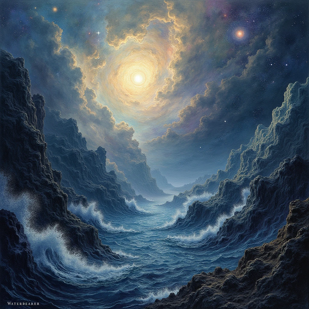 Design the album cover "Waterbearer" with a focus on rich textures and abstract elements, evoking a cosmic and mystical atmosphere without a central figure. Use a mix of spatial textures, as diffuse nebulae, Stardust clouds and scattered constellations, creating an ethereal background that conveys the immensity and mystery of the universe. Incorporates subtle waves and fluid patterns that suggest the presence of water, intertwining with cosmic elements to reflect the introspective and reflective nature of the album.
The color palette should include deep shades of blue and violet., combined with silver and black, accented with flashes of gold or white that symbolize illumination and clarity. The composition must be expansive and enveloping, conveying the feeling of a spiritual journey through abstract cosmic landscapes.