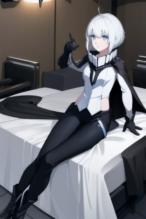 wo-class aircraft carrier, gloves, 1girl, short hair, white hair, solo, white skin, black gloves, blue eyes, black cape, leather pants, room, Masterpiece, Best Quality, 