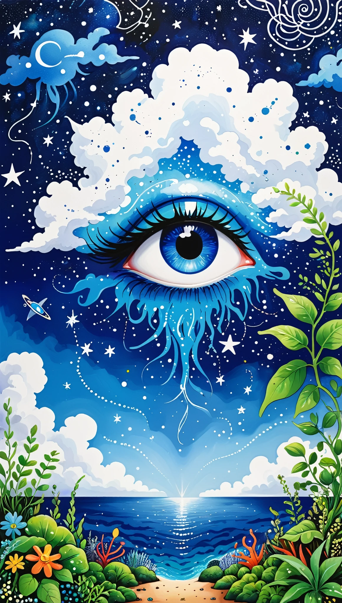 Childish Art,Graffiti,Psychedelic Art。plant、Marine Life、(((Eye)))、cloud、Starry Sky,Abstract painting of joints,Describing the inner world of autistic people,Sense of space,Blank,White space,Pointillism method,Childish lines,Klein Blue