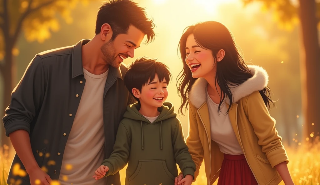A heartwarming scene featuring a joyful family of four bathed in soft, warm sunlight. The father, with short, slightly messy black hair and a light beard, wears a dark jacket over a white shirt. He is on the left side, laughing with his eyes closed, leaning towards his family. The mother, standing next to him, has long black hair flowing over her shoulder. She wears a light yellow jacket with a white fur collar over a red skirt. She is also laughing with her eyes closed, radiating happiness. In the center, a young boy with short black hair, wearing a dark green hoodie, smiles widely, holding hands with the person in the foreground. The person in the foreground, whose back is towards the viewer, is a three year old boy who has short black hair and is reaching out to his family in front of him. The warm, soft light from the sun casts a gentle glow over the entire scene, enhancing the feelings of love and togetherness shared by the family."