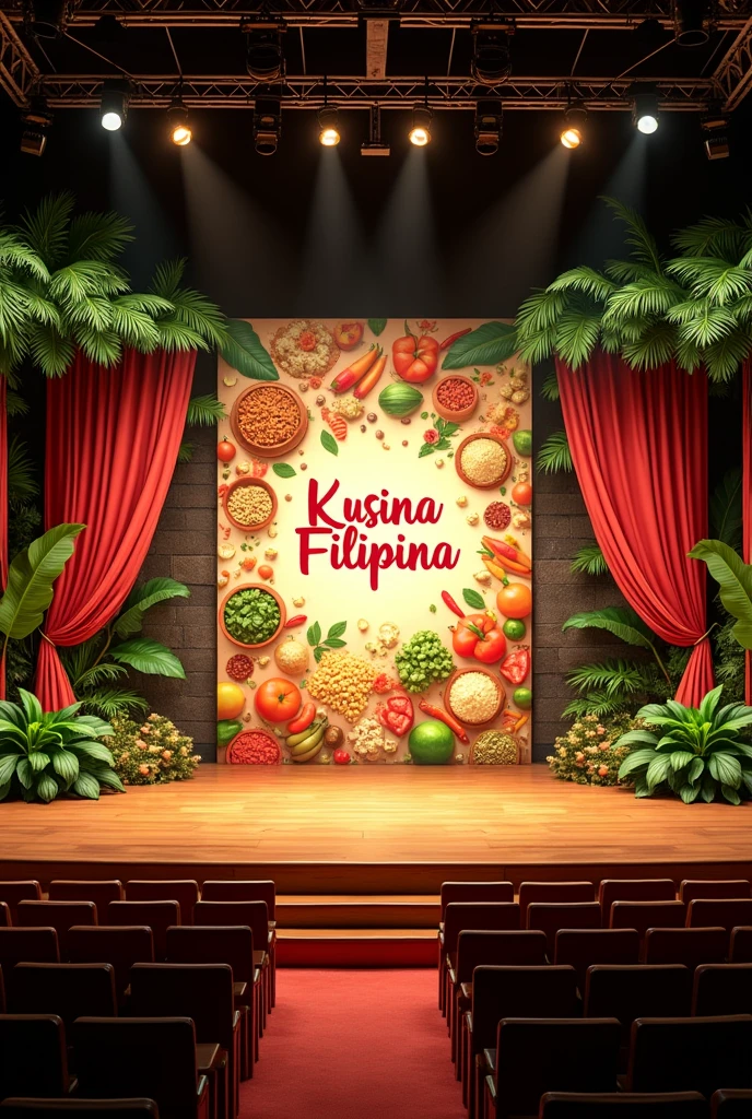 Make me a huge stage design used in school hunger games and kusina filipina theme. It will be using on cooking contest. Put a huge kusina Filipina banner. Don't put table and chairs. Simplier and don't put people