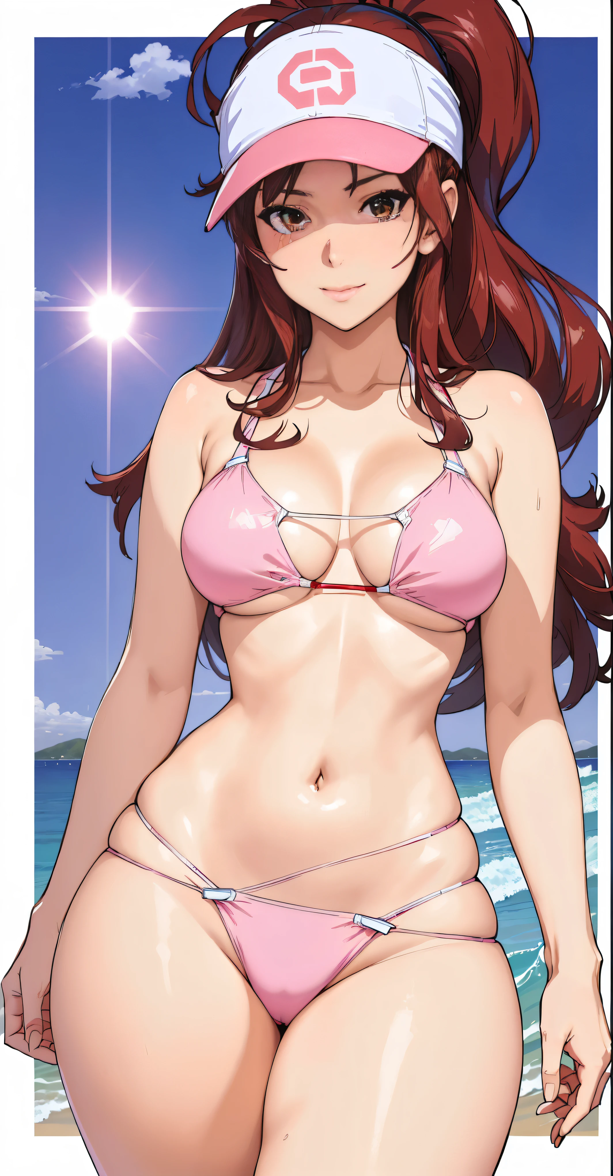 a woman in a bikini and visor is standing on the beach, realistic bikini, swimsuit, seductive anime girl, marin kitagawa fanart, oppai, oppai proportions, range murata and artgerm, in bikini, extremely detailed artgerm, is wearing a swimsuit, makoto shinkai and artgerm, from girls frontline, at the beach,red and black hair,thicc ass