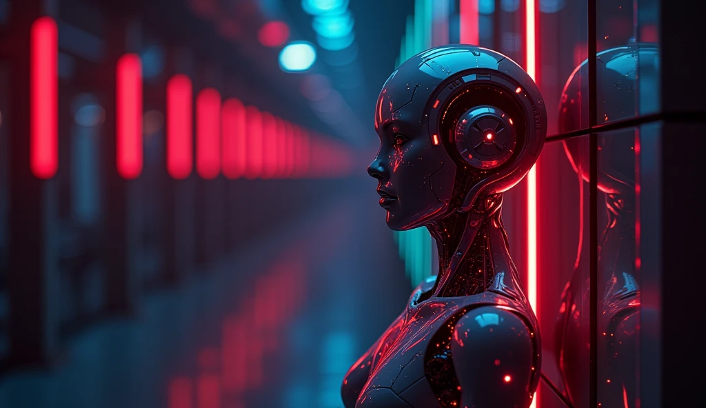 Generate a concept in AI,AI,Upper Body,Surreal,Exquisite,Technological,Background feeling,With red and blue light source