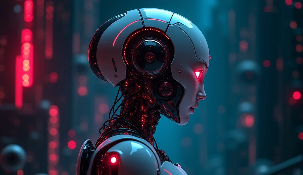 Generate a concept in AI，AI，Upper Body，Surreal，Exquisite，Technological，Background feeling，With red and blue light source