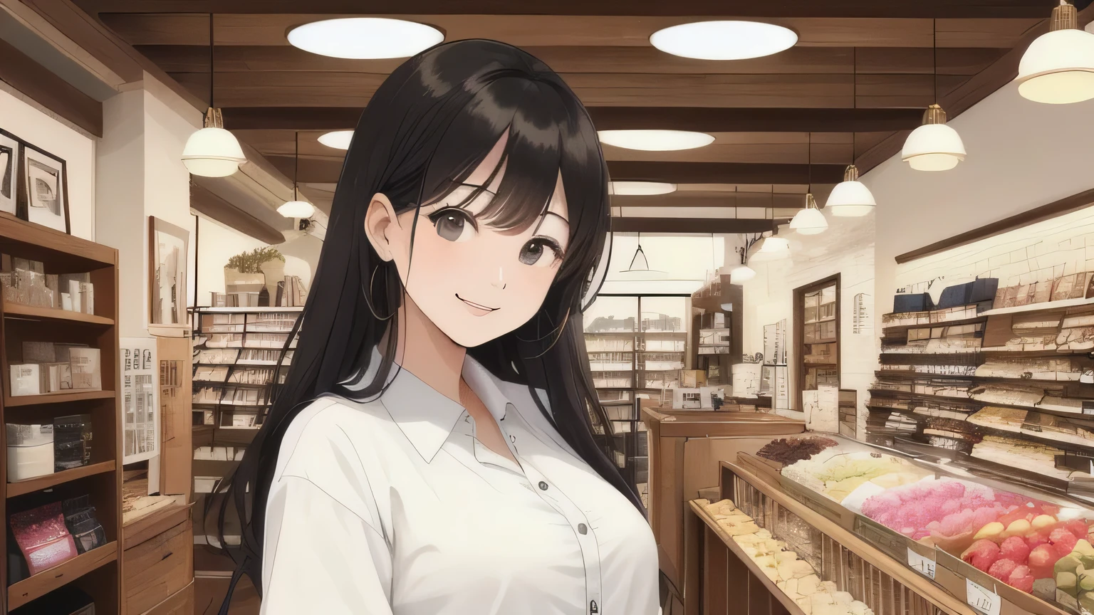 A 28-year-old female store manager、Inside a stylish general store、Take a photo of yourself smiling naturally。To convey the atmosphere of the store、Please include a reasonable amount of the interior decorations in the photo.。The manager's facial expression matches the atmosphere of the store.、Pay attention to lighting and composition。