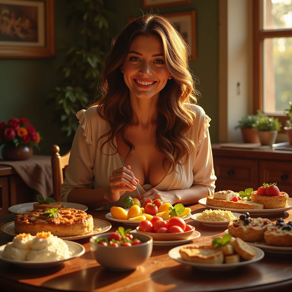 Draw a picture of a happy woman eating a lot. hyper realistic