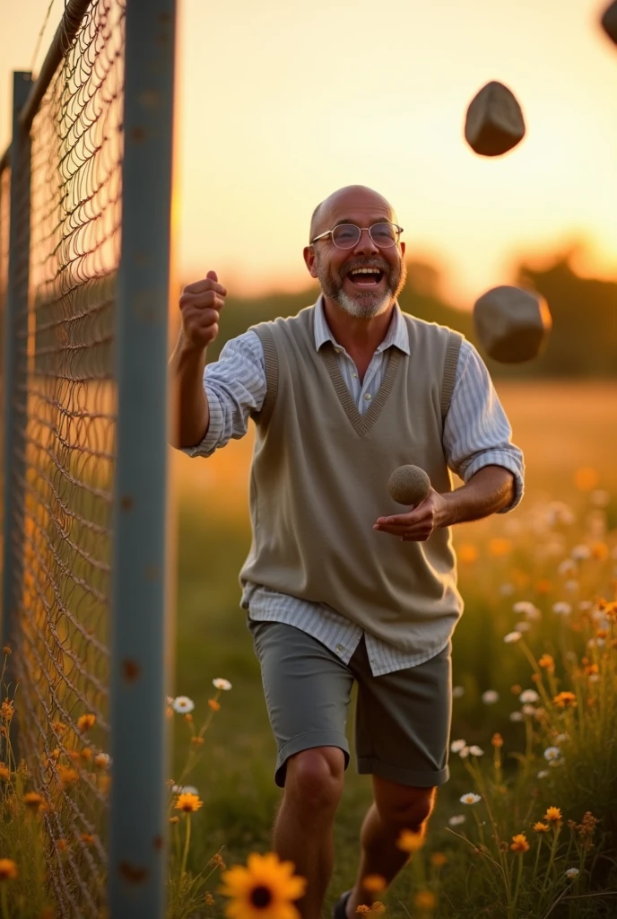A bald, slightly fat man without a beard with a satisfied face throws large stones at a chain-link fence  