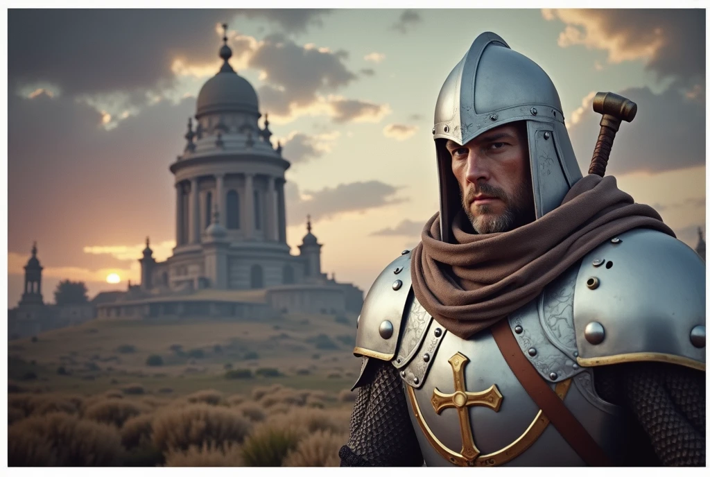 A white man in his 30s, wearing RPG game warrior-style clothing and a helmet that covers his entire face. The helmet is silver, The helmet is circular in shape and has a thick cross-shaped band on the front of the face centered around the eyes. Only the eyes have eye-shaped holes so they can see. The brown collar is thick and high around the neck. Silver armor covers the chest area, but the abdominal muscles are exposed. The shoulders are also armor-style with bare skin exposed, and the shoulders are without any protective gear, showing large muscles. There are silver round buttons on both sides of the shoulder bones, and they are fastened to these buttons, so that the cloak is connected behind the shoulders. There is a large, subtle gold decoration in the center of the chest armor. It is a simple and heavy decoration in the medieval style. On his hands, he wears very large, sturdy-looking armored armor. A solemn pose with a sword on his shoulder,