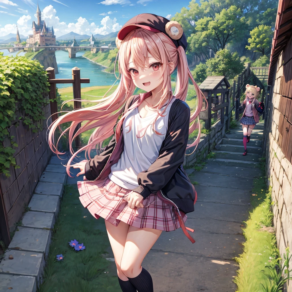 Pink Blonde、Red eyes、Hair tied up、Two cute、Checked mini skirt、black t-shirts、cardigan、Knee-high socks、bear ears baseball cap、Teeth are visible、Monster Castle、Tilting face、crossing the bridge、hazakura、windmill、grass、Stones are growing out of the ground.、impregnable、A teddy bear is walking、Morning glory is blooming.、In front of the city gates、gear