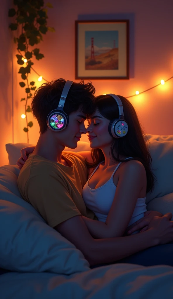 Perfect image, 8k, night、Listen to music in a cozy room, Using headphones, 2D-style animation, Lo-Fi, hard disk, Dark Environment, Hugging your boyfriend,