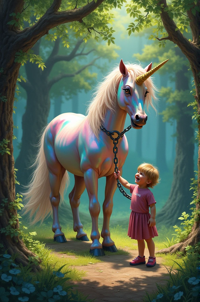 Imagine a bright and majestic unicorn, with a coat of iridescent colors, who is clearly agitated and struggling mightily. It is tied with a chain to the hand of a , which seems to be in a position of conflict with the creature. The unicorn has an expression of fury and despair, while the child, Although he seems scared, holds the chain with determination. The scene conveys a sense of tension and conflict between the innocence of the child and the powerful magical creature..