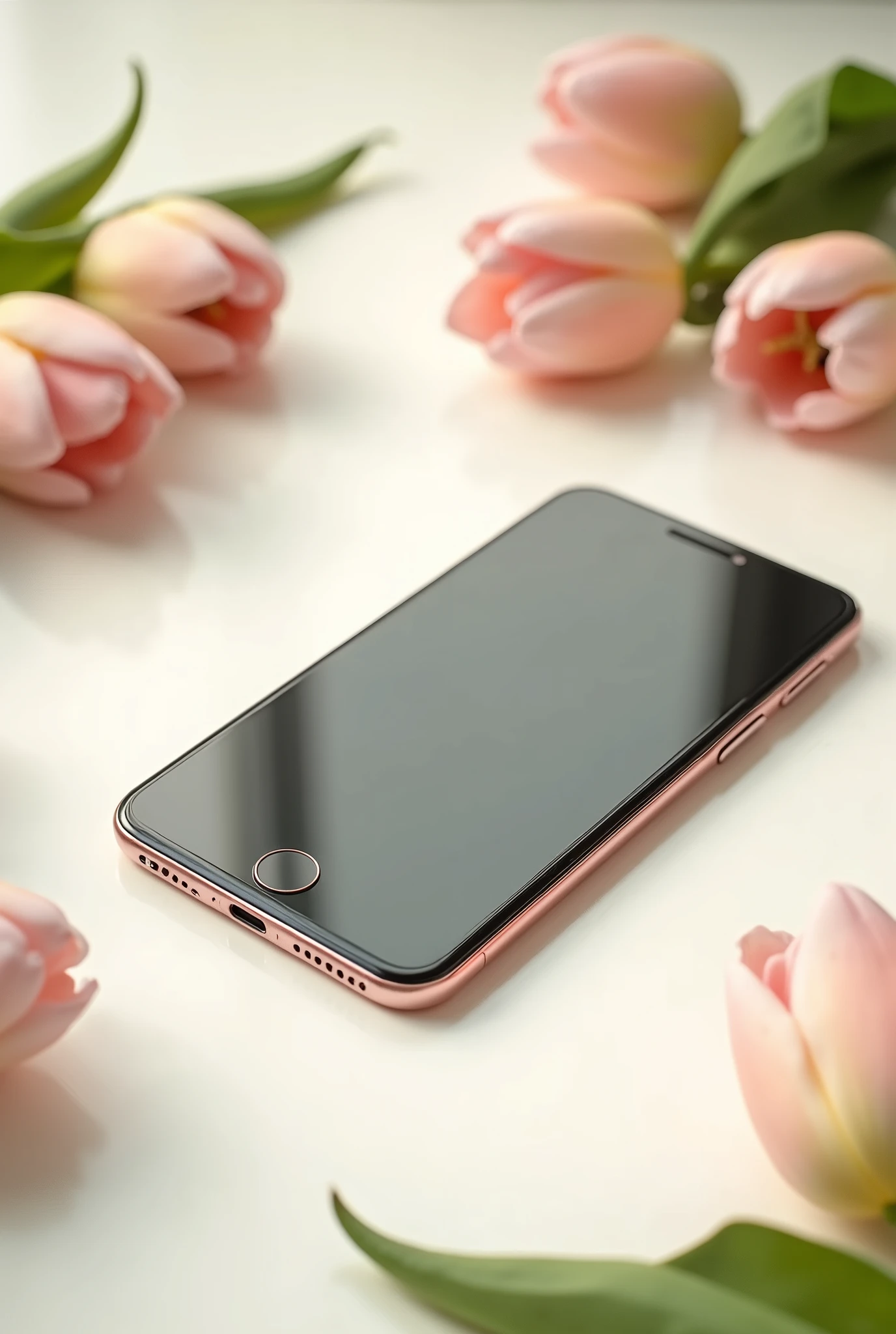 the phone lies on a white table, around it there are light pink and beige small tulips, top view