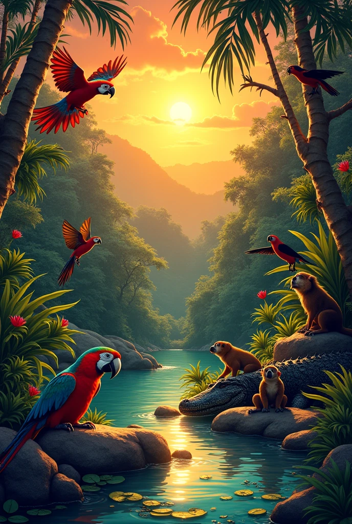 Realistic image The sun was setting, the moon came out, And in the jungle, the party is not over.
So, in the rainforest, green and bright,
They lived happily, every exciting day. The animals: the parrot, the capybara, the alligator, the monkey, the toucan and the anaconda 
