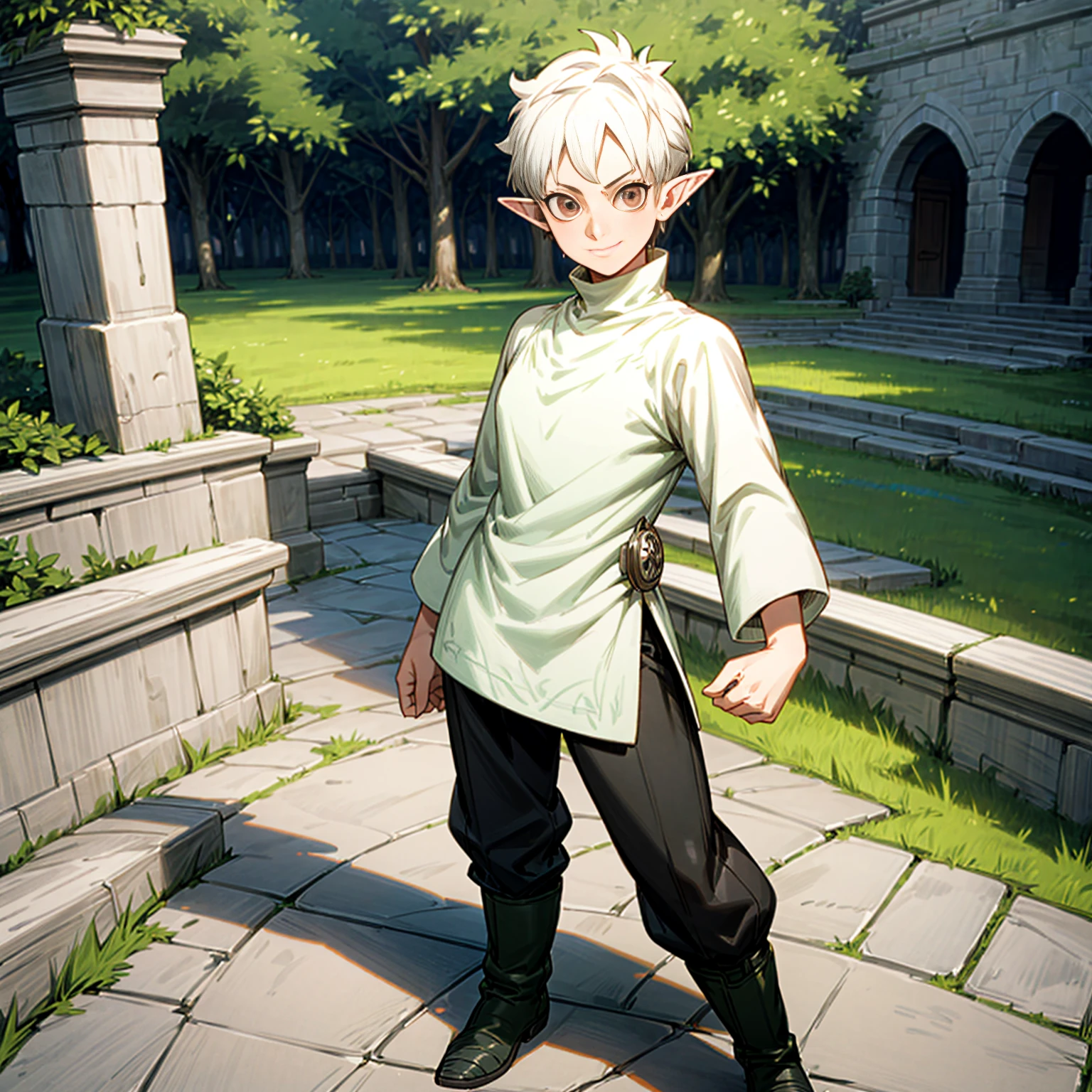 Solo character, full body version, young man, big muscle, (elf), white eyes, white color hair, undercut hair, sweater clothing, black pants, boots, outdoor, town, medieval, standing gesture, detailed background, detailed clothing, detailed hair, (black clover style art), happy eyes, smile mouth, sword in hand