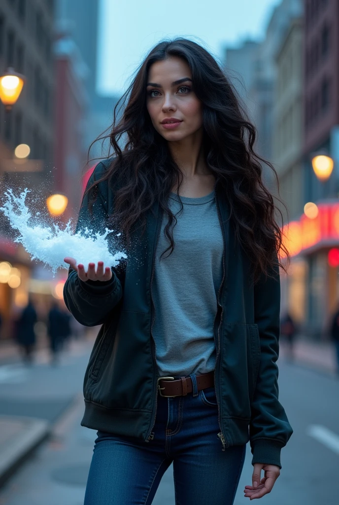 A modern superhero looks like Lyanna Stark. She has very long curly dark hair and light silver eyes. She has pale white skin. She's in her undercover personality. She's wearing jeans, t-shirt and hoodie. She looks young and pretty. She has ice power in hand. She's smiling a little bit. She's beautiful and has slavic girly type of beauty with round face. Clean face, NO wrikless, clear skin.
