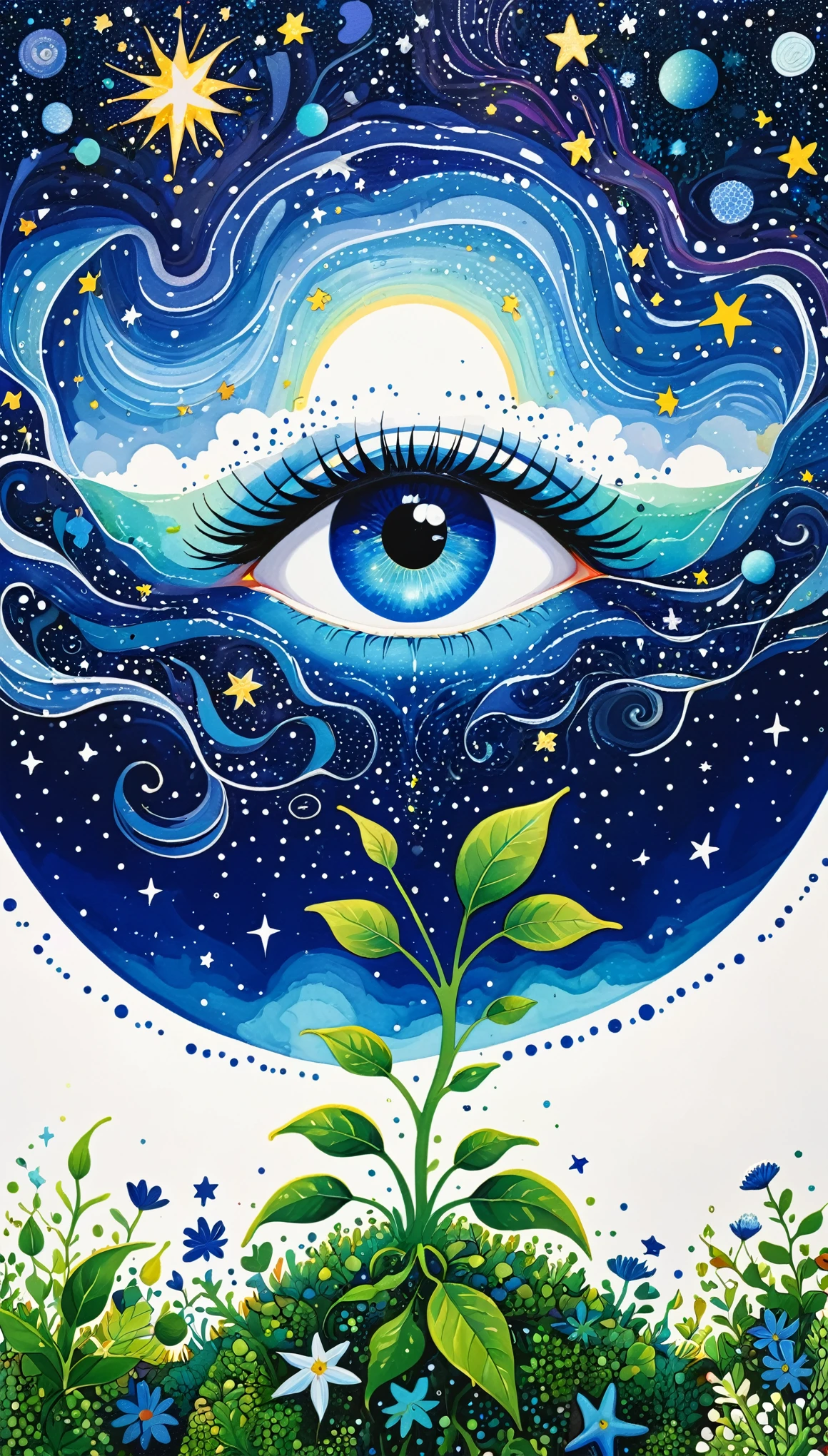 Psychedelic Art。plant、Marine life、Eye、Starry Sky,An abstract painting at the joint,Describing the inner world of autistic people,Sense of space,blank,White Space,Pointillism method,Childish lines,Klein Blue