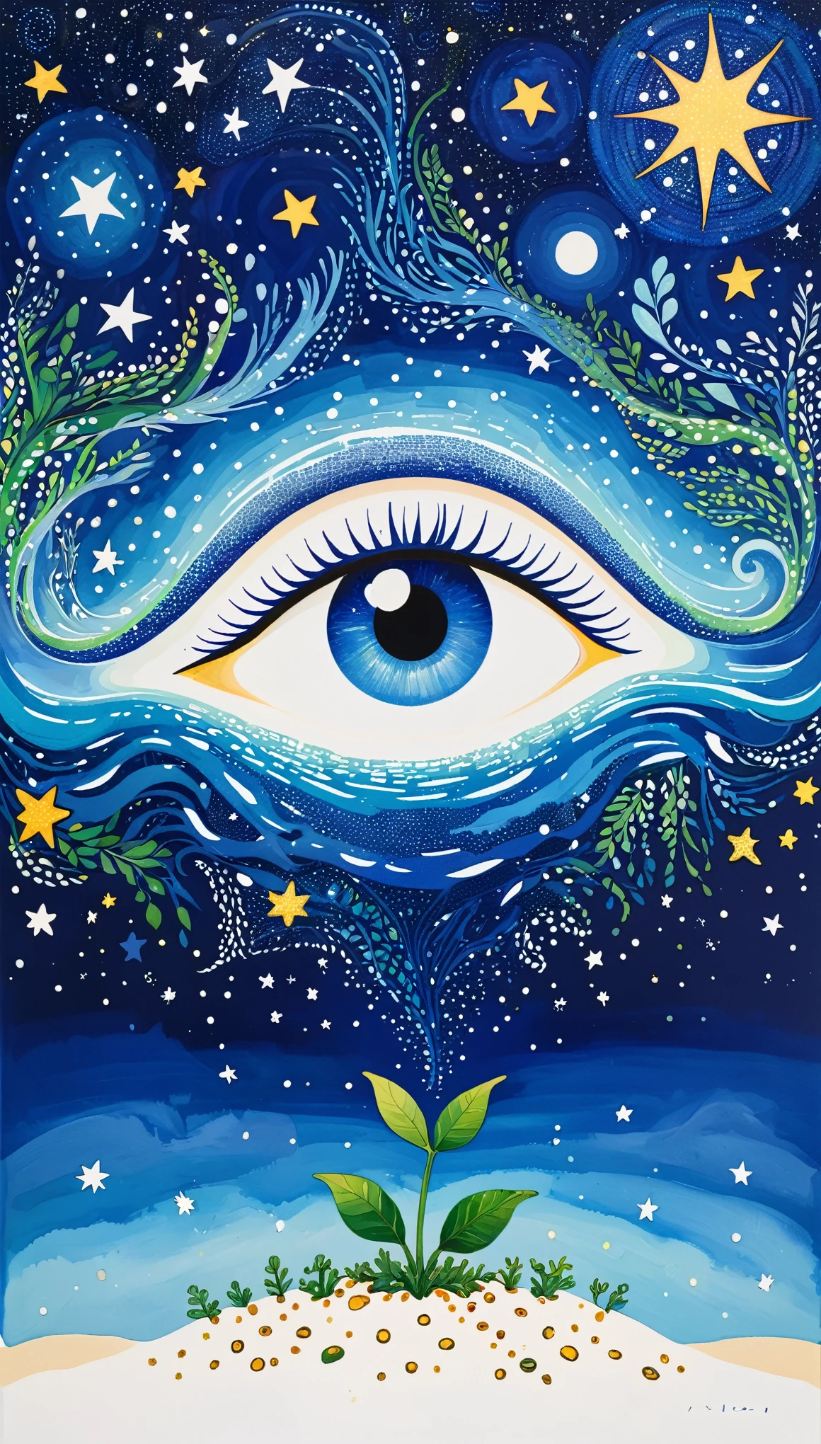 Psychedelic Art。plant、Marine life、Eye、Starry Sky,An abstract painting at the joint,Describing the inner world of autistic people,Sense of space,blank,White Space,Pointillism method,Childish lines,Klein Blue