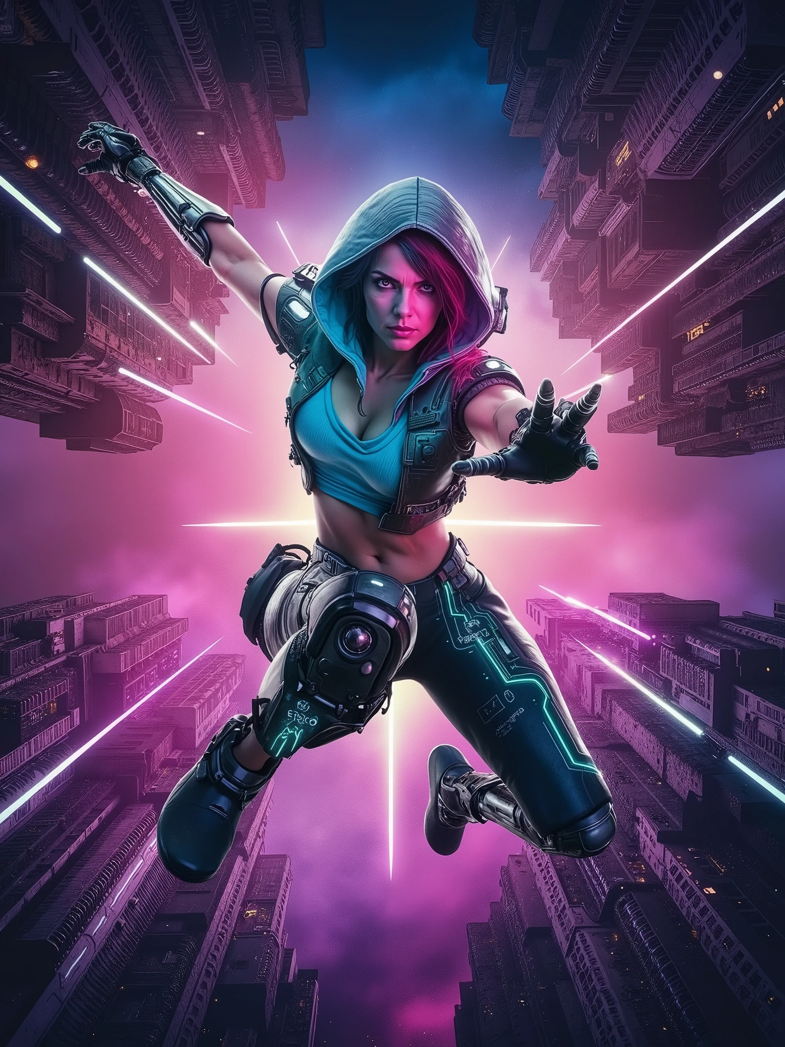 a portrait of a bionic woman, jumping from heights, cyberpunk style, hood, neon lights, high-tech clothing,