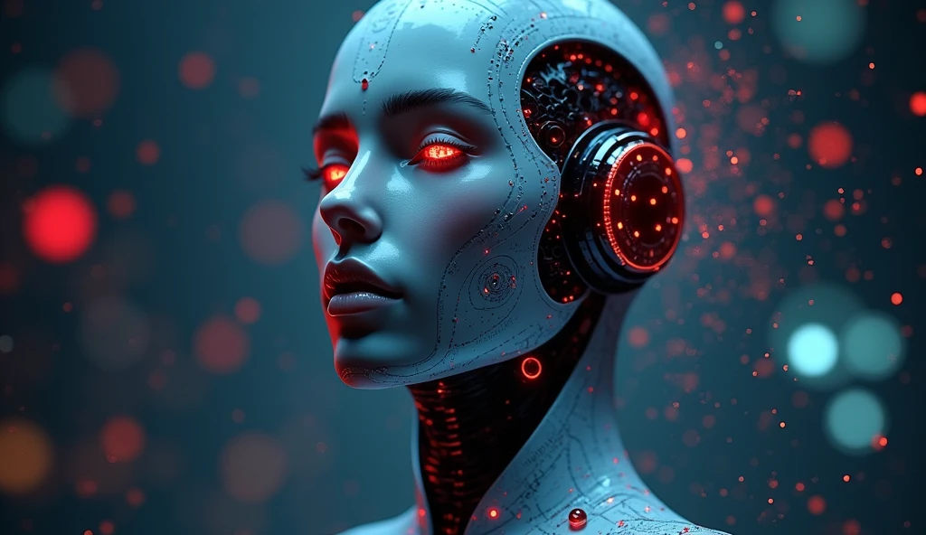 Generate a concept in AI,AI,Upper Body,Surreal,Exquisite,Technological,Background feeling,Weak red and blue light source