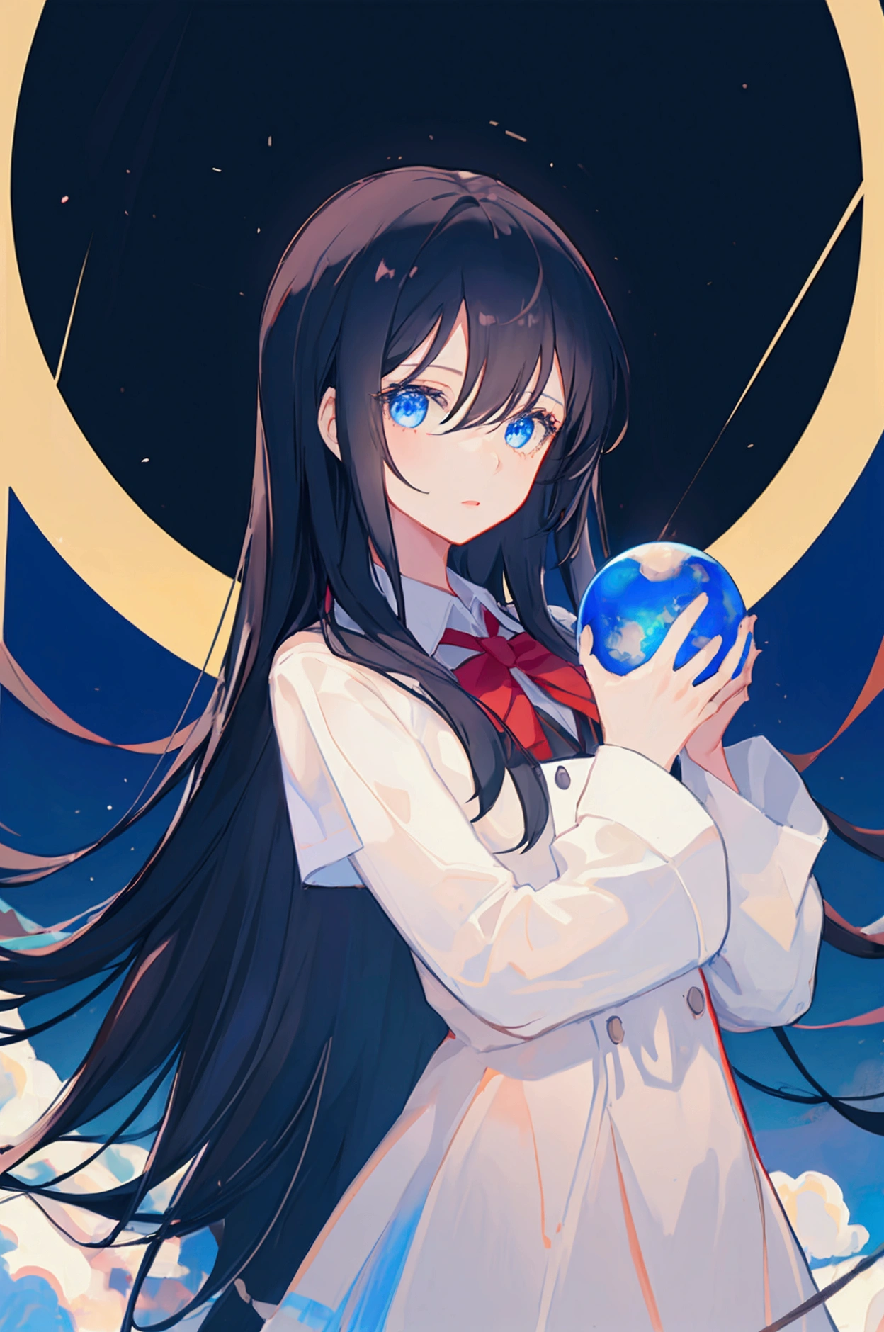1 girl, black long hair, blue eyes, holding shining globe with two hands, front view, school uniform dark background