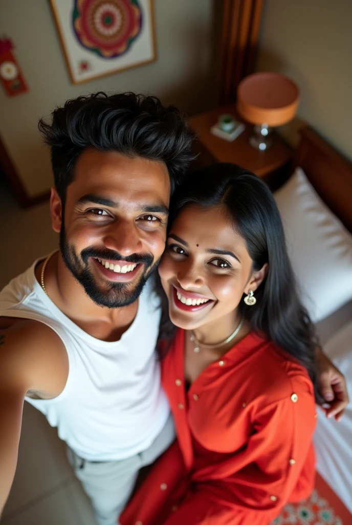 Selfie photo of Indian young  straight couple. Male is wearing White vest and shorts. Female is curvy chubby white fair skin tone, Big breast.Wearing kerala red full length sleeveless kurtis and in kerala middle-class bedroom.realistic image.selfie photo.Top view. no cleavage showing.