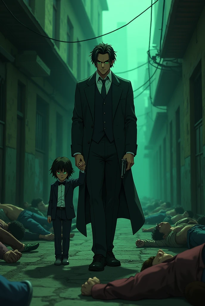 A mafia man in his 30s Italian alpha dominant green eyes black hair psychopath obsessed with his omega son holding a gun with bodies around him holding hands with his twelve year old son green eyes small black wavy hair. anime style 