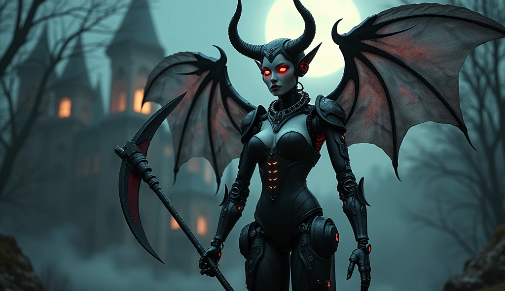 機械のdevilの女性、Detailed robot arm、Intricate robot legs、Exquisite mechanical body、detailed gear、Fangs like wolves、Bull-like horns、Large bat-like wings、devil&#39;tail、beautiful glowing red eyes、black sheer dress、Beautifully detailed face、Ideal body type、Big Breasts、Tight waist, Giant scythe in hand, In the background is a Gothic castle surrounded by a moonlit forest..、Cowboy Shot、