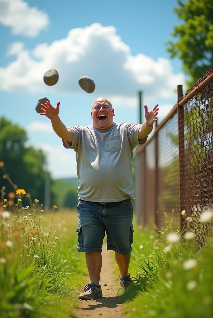 A white man, bald, slightly fat, without a beard, with a satisfied face, throws large stones at a chain-link fence  