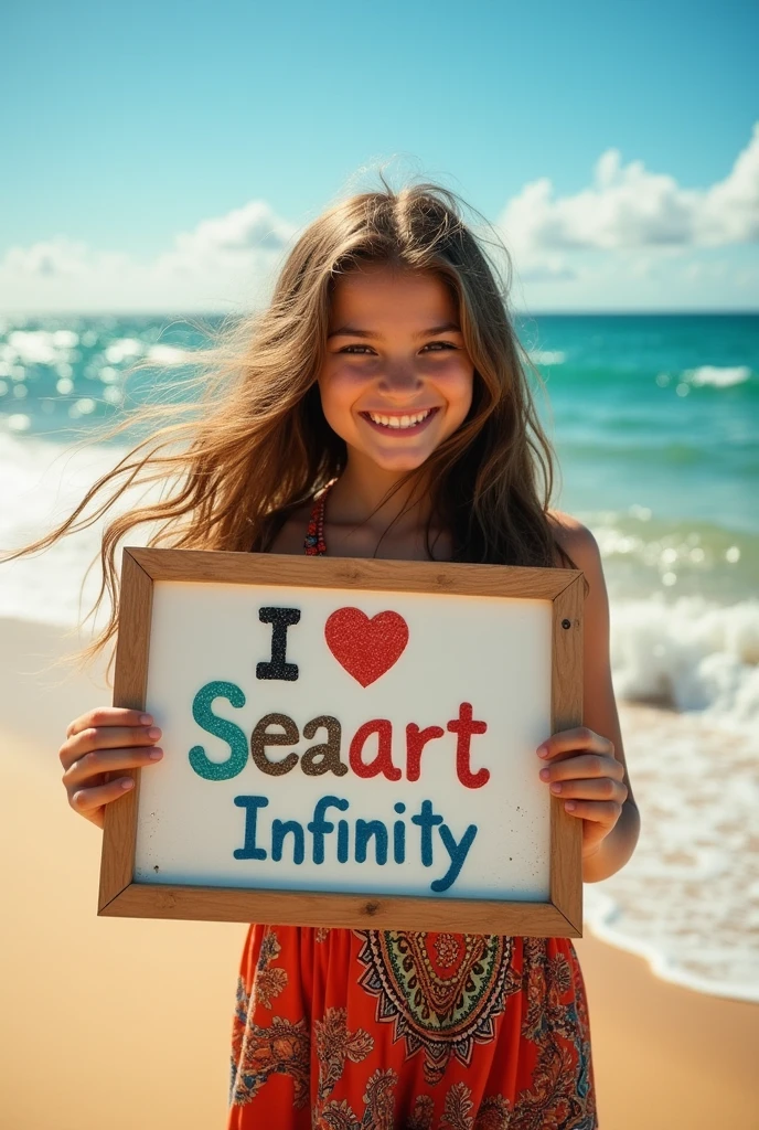 Beautiful girl with wavy long hair, bohemian dress, holding a white board with text "I Love Seaart Infinity" and showing it to the viewer