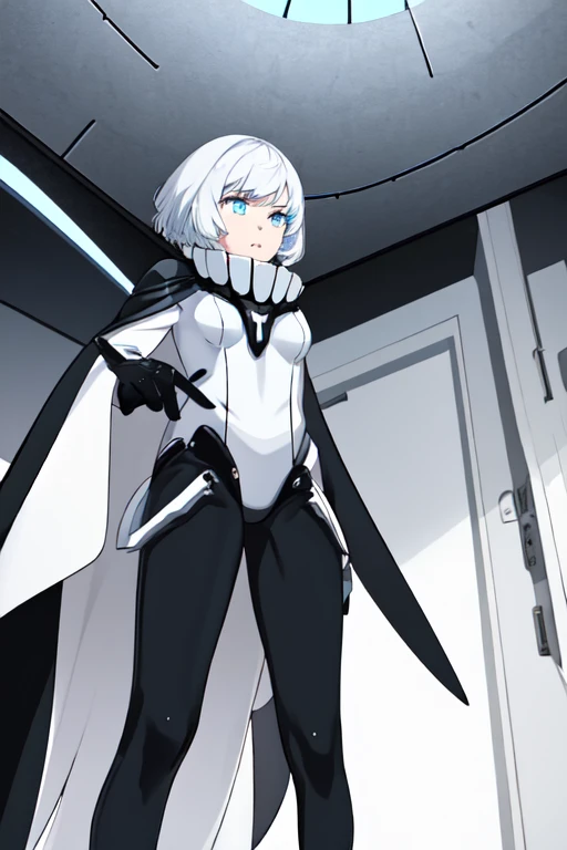 wo-class aircraft carrier, gloves, hair, 1girl, short hair, white hair, solo, white skin, black gloves, bodysuit, blue eyes, black cape, leather pants, room, from below, Masterpiece, Best Quality, 