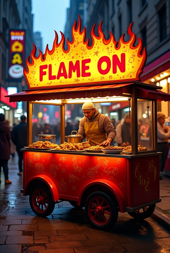 Food cart with FLAME ON named sign board