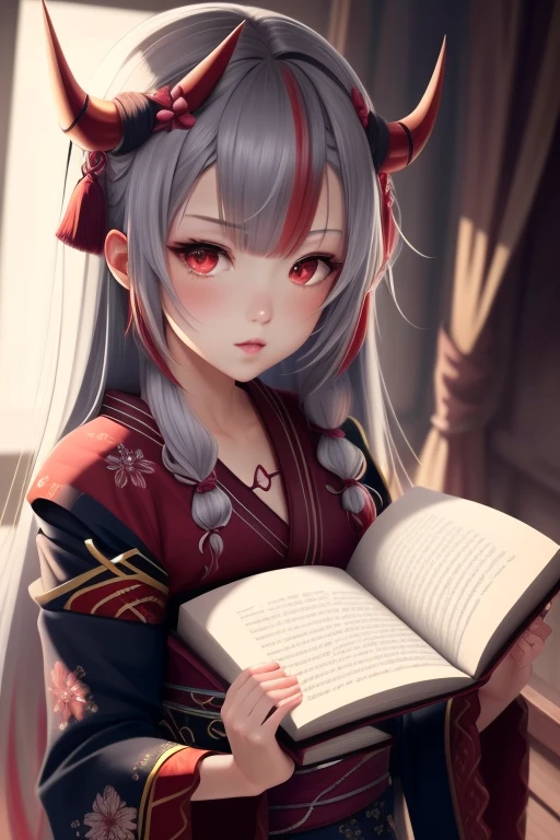 8k, Highest quality, Manga style, View your viewers, Intricate details,One person, Nakiri Ayame, 2Demon horns in the book, Multicolored Hair, Long Hair, Red eyes, Gray Hair, kimono,