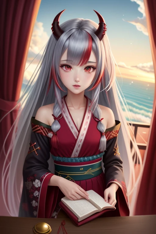 8k, Highest quality, Manga style, View your viewers, Intricate details,One person, Nakiri Ayame, ２Demon horns in the book, Multicolored Hair, Long Hair, Red eyes, Gray Hair, kimono,