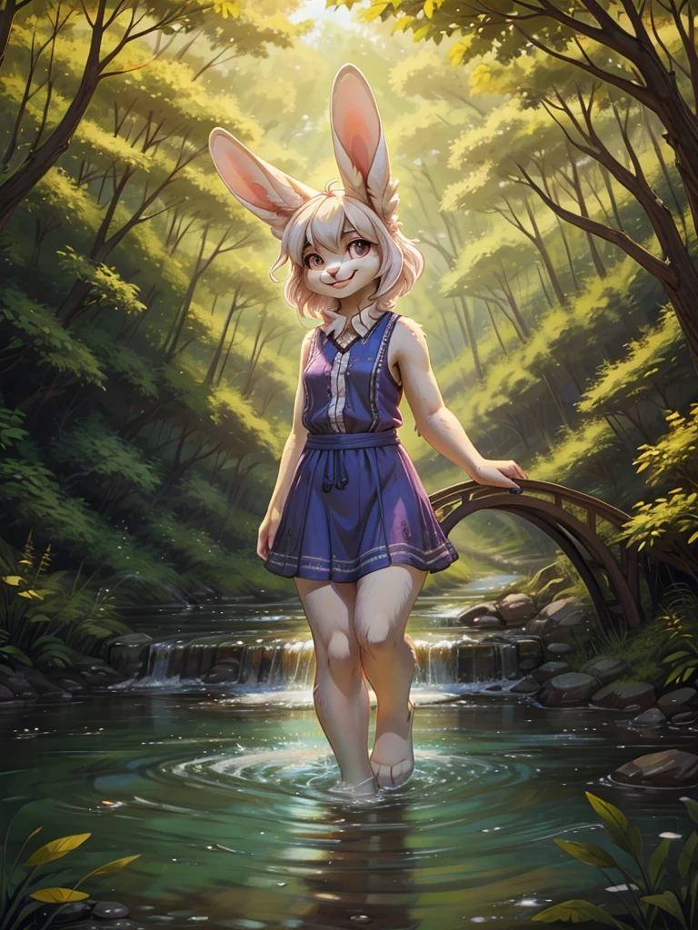 Lila is a white bunny with big ears, She is smiling as she crosses a river with a makeshift bridge made of branches..
